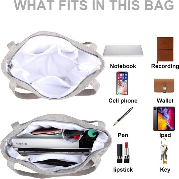 Corduroy Tote Bag Women Large Shoulder Bag with Zipper Pockets for Work Travel - Picture 4 of 7